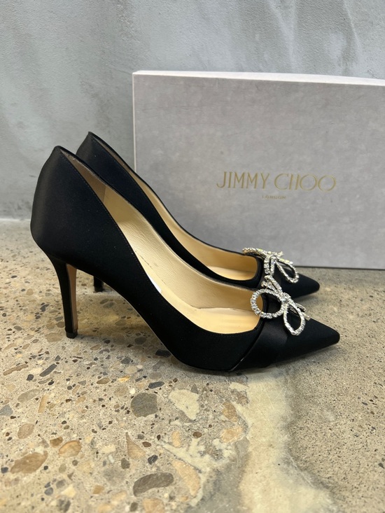Jimmy Choo Shoes - Jimmy Choo Black Satin Pointed Toe Pumps with Crystal Bow